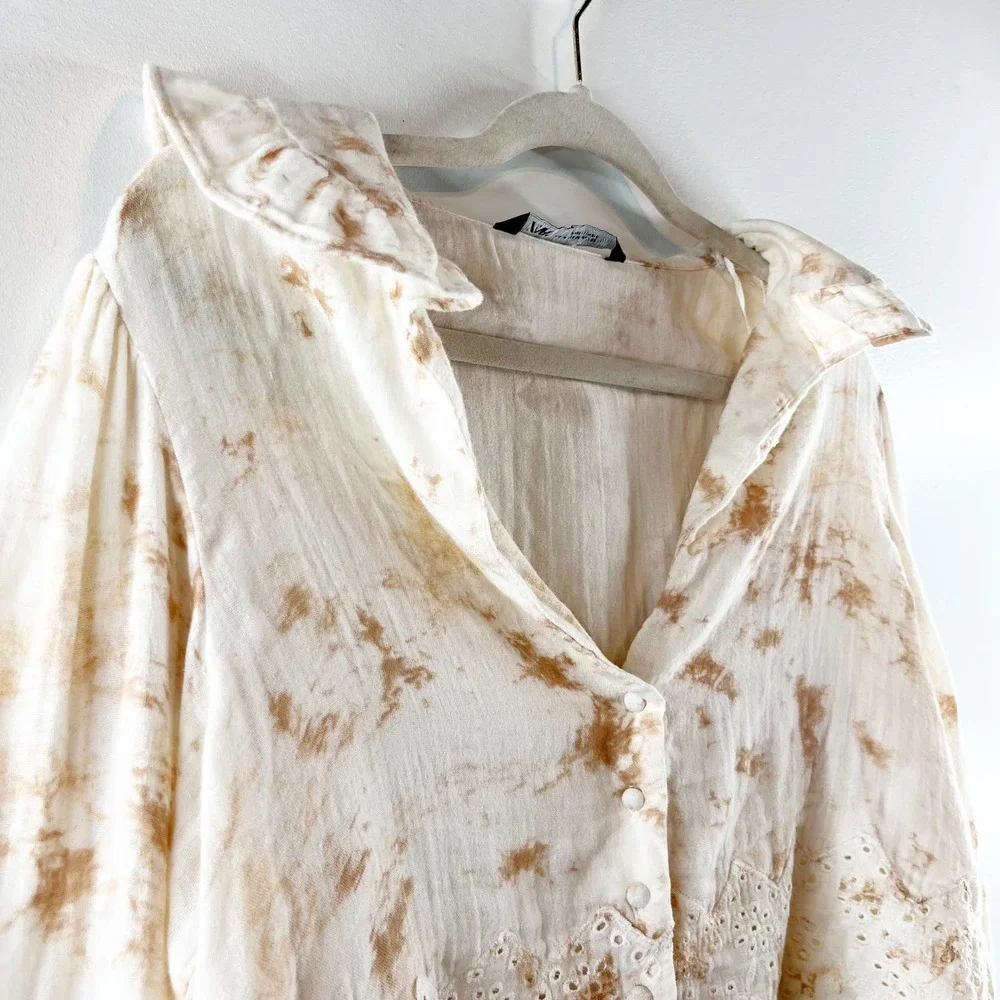 Zara Cream Tie-Dye Eyelet Lace Cropped Blouse